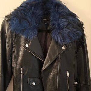 Members Only Leather Jacket Moto Style Fur Collar Black Small